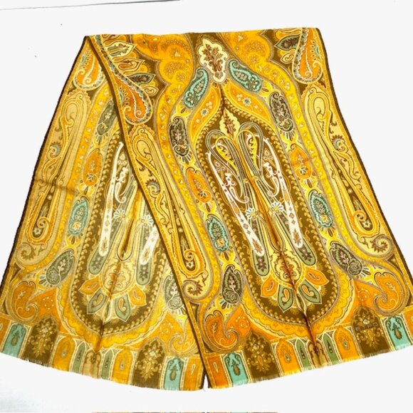 Vgt  ETRO scarf 70%Wool/39% Silk 56"x17" Rusty Gold Blue Paisley Fringed (37) - Picture 10 of 11